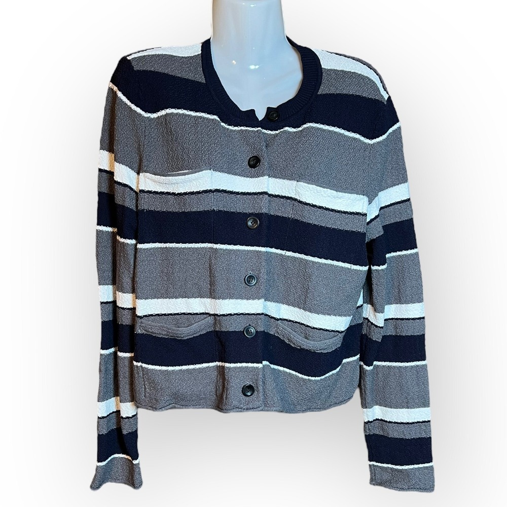 Ann Taylor Womens L Striped Cardigan Sweater Blue White Gray Button Front Career